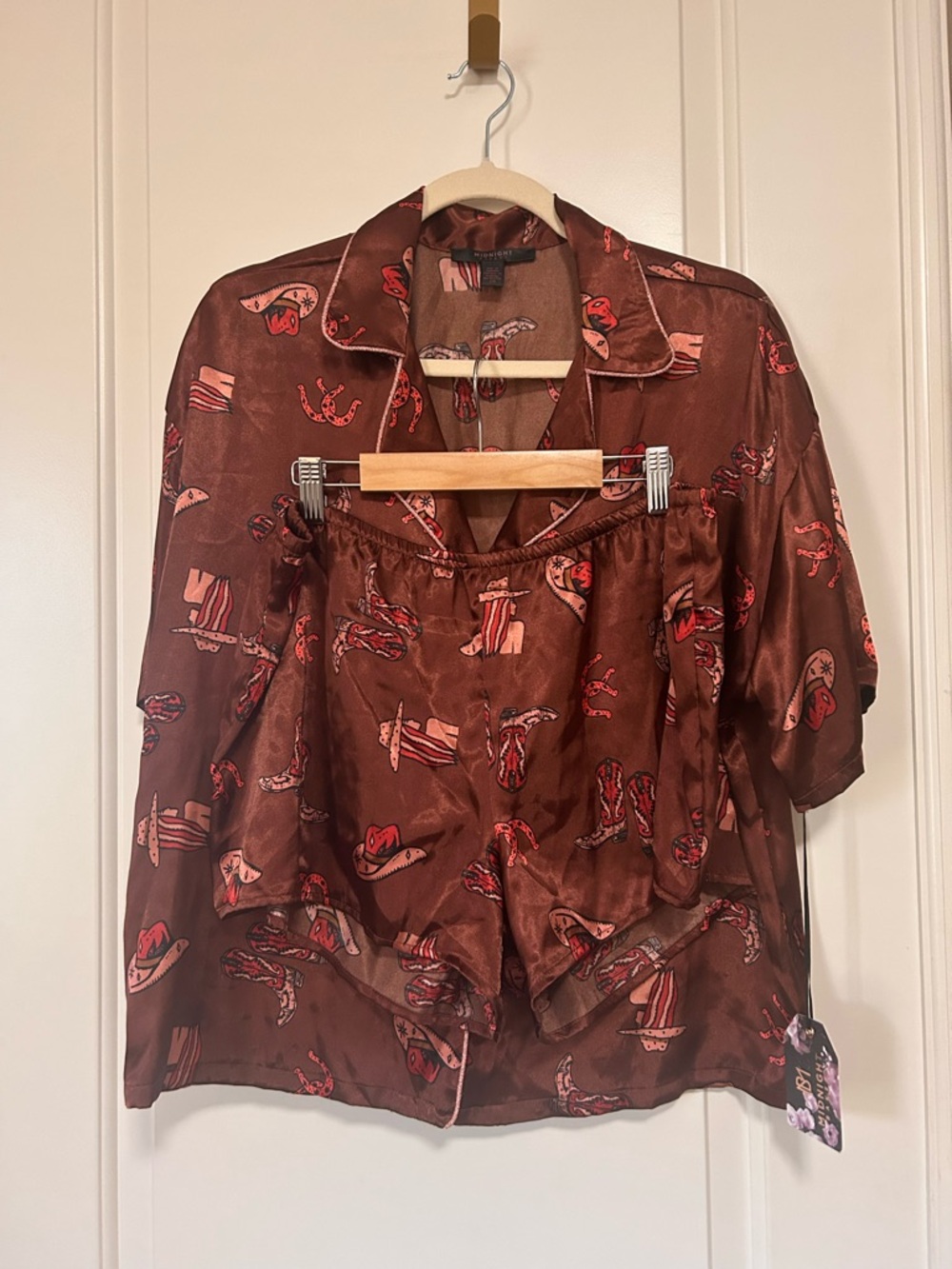 🌙🐴🧲Cowgirl Up Brown Satin Two-Piece Pajama Set in Western Print🌙🧲🐴